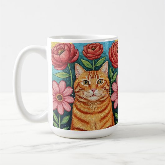 Orange Cat Folk Art Flowers Koffiemok (Links)
