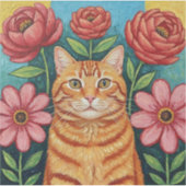Orange Cat Folk Art Flowers Sticker (Voorkant)