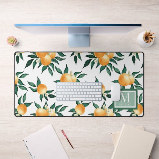 Orange Citrus Aquarelle Monogramme Nom (Bureau 1)