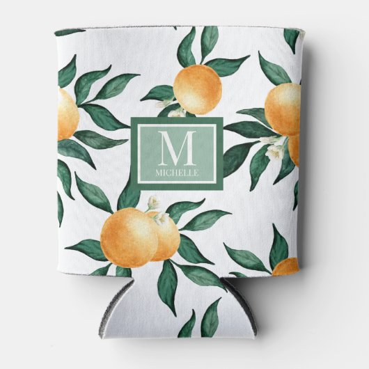 Orange Citrus Watercolor Monogram Name  Blikjeskoeler (Voorkant)