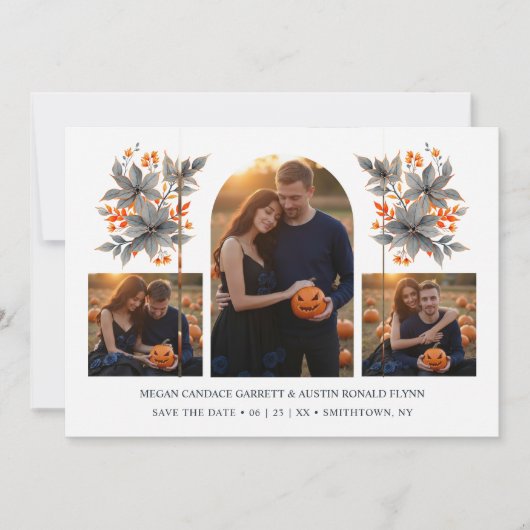 Orange Climbing Arch Grey Bouquets 3-Photo Collage Save The Date (Voorkant)