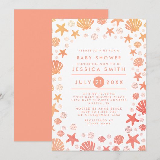 Orange-Coral Sea Thèmes Baby shower Invitation (Devant / Derrière)