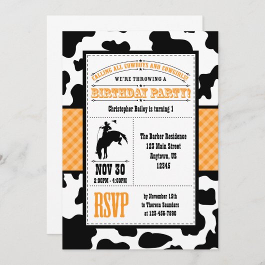 Orange Cowhide Cowboy Invitation d'anniversaire (Devant / Derrière)
