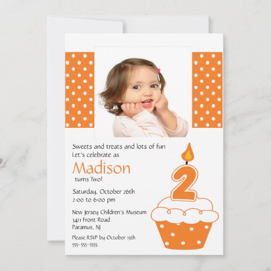 Orange Cupcake Photo Invitation d'anniversaire 2e  (Devant)