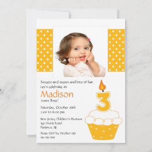 Orange Cupcake Photo Invitation d'anniversaire 3e 