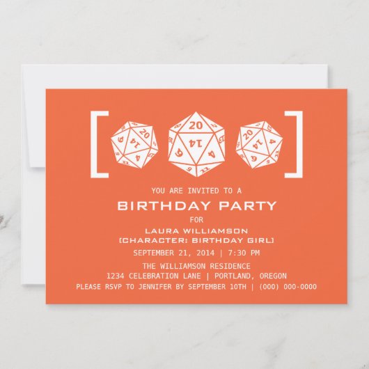Orange D20 Dice Gamer Invitation de fête d'anniver (Devant)