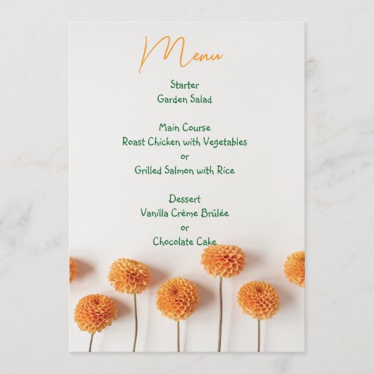 Orange Dahlia Wedding Menu – Warm Floral Elegance (Devant)