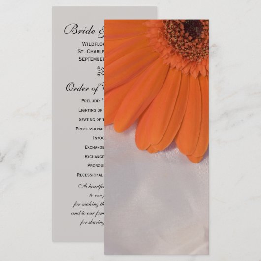 Orange Daisy et White Satin Wedding Programme (Devant / Derrière)