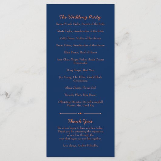 Orange Daisy Flower Marine Blue Wedding Programme (Dos)