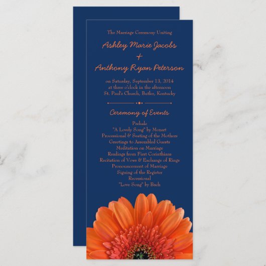 Orange Daisy Flower Marine Blue Wedding Programme (Devant / Derrière)