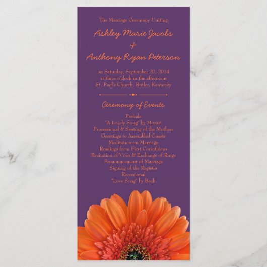 Orange Daisy Flower Purple Wedding Programme (Devant)
