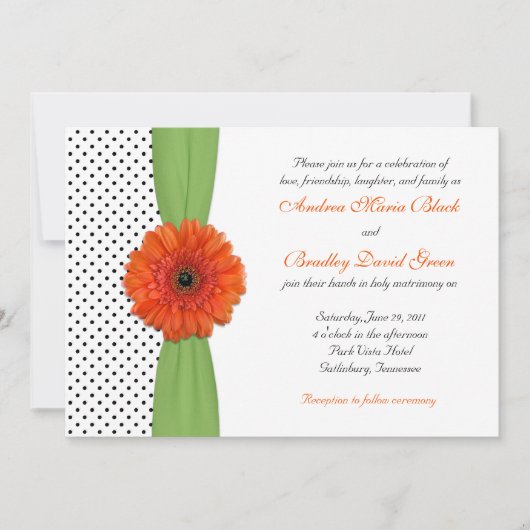 Orange Daisy Green Polka Dot Faire-part de mariage (Devant)