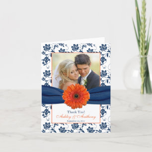 Orange Daisy Navy Mariage damassé Carte de remerci