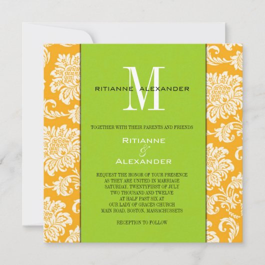Orange Damas Green Monogram Faire-part de mariage (Devant)