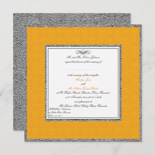 Orange Damask avec Pewter U.K. Faire-part de maria (Devant / Derrière)