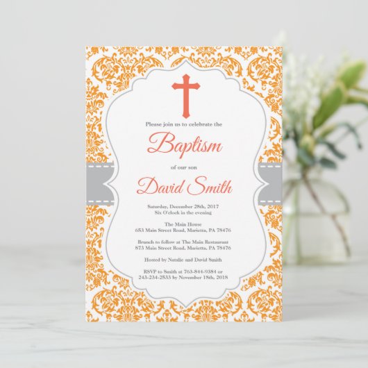 Orange Damask Cross Baptism Invitation (Debout devant)
