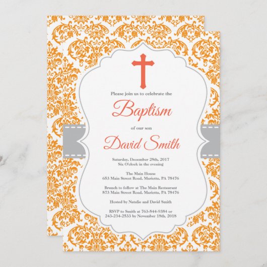 Orange Damask Cross Baptism Invitation (Devant / Derrière)
