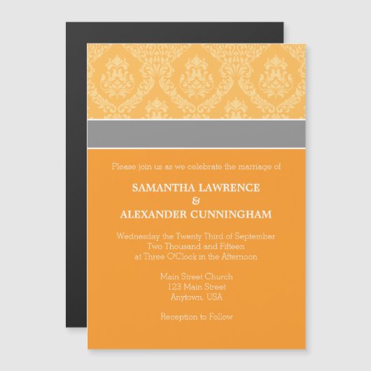 Orange Damask Faire-part de mariage magnétique (Devant / Derrière)