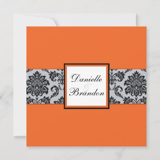 Orange Damask Monogramme Faire-part de mariage (Devant)