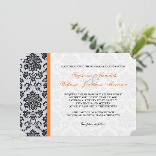 Orange Damask Monogramme Faire-part de mariage (Debout devant)