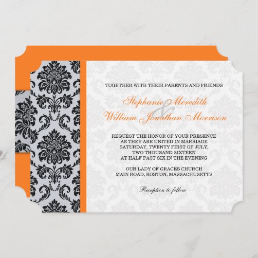 Orange Damask Monogramme Faire-part de mariage (Devant / Derrière)