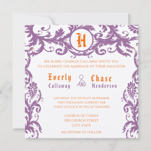 Orange Damask Monogramme Faire-part de mariage (Devant)