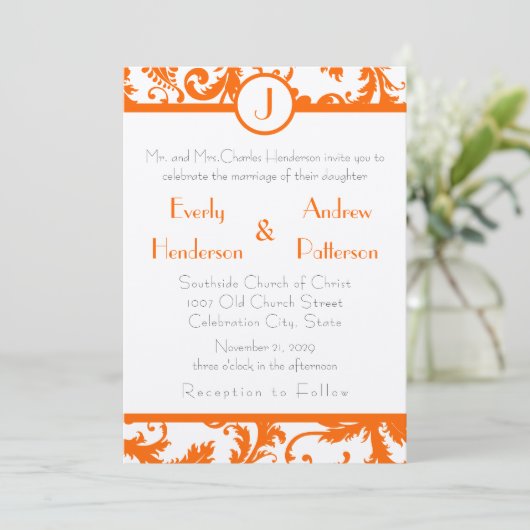 Orange Damask Monogramme Faire-part de mariage (Debout devant)