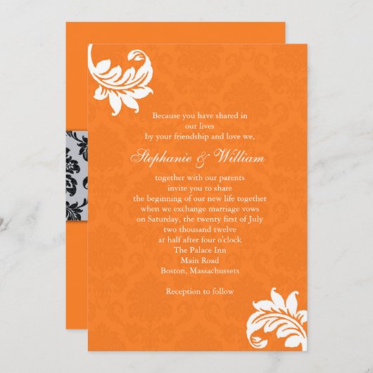 Orange Damask Monogramme Faire-part de mariage (Devant / Derrière)