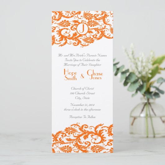 Orange Damask Monogramme Faire-part de mariage (Debout devant)