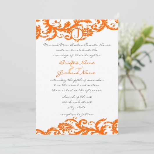 Orange Damask Monogramme Faire-part de mariage (Debout devant)
