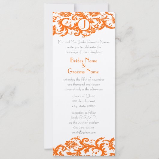 Orange Damask Monogramme Faire-part de mariage (Devant)