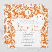 Orange Damask Monogramme Faire-part de mariage (Devant / Derrière)