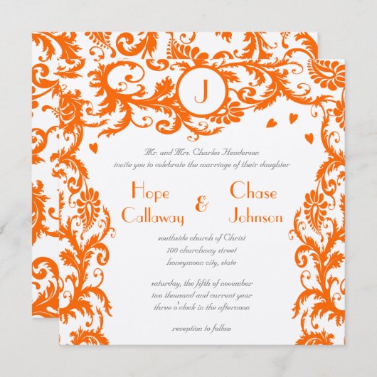 Orange Damask Monogramme Faire-part de mariage (Devant / Derrière)