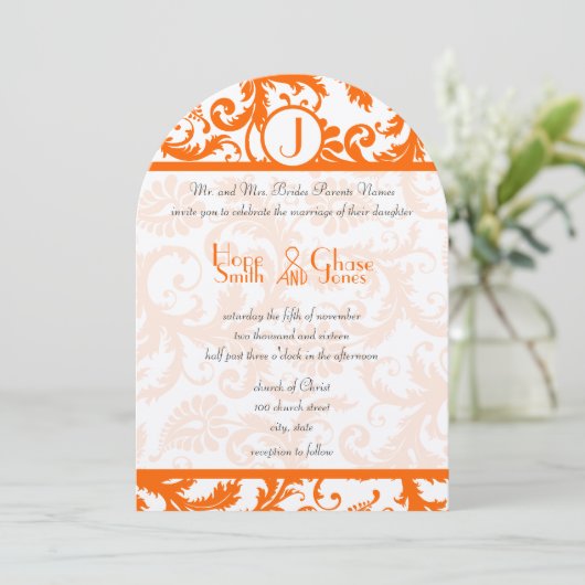 Orange Damask Monogramme Faire-part de mariage (Debout devant)