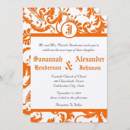 Orange Damask Monogramme Faire-part de mariage (Devant / Derrière)