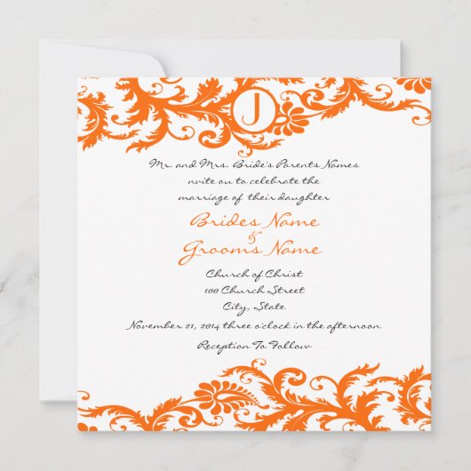 Orange Damask Monogramme Faire-part de mariage (Devant)