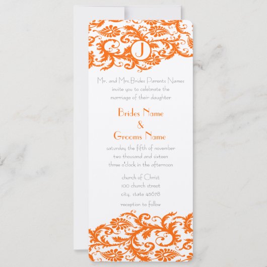 Orange Damask Monogramme Faire-part de mariage (Devant)