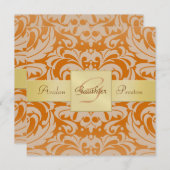 Orange Damask Monogramme Gold Ribbon Invitation (Devant / Derrière)