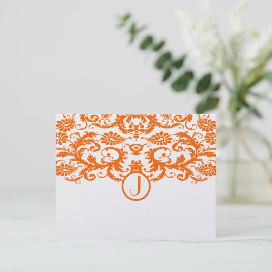 Orange Damask Monogramme Mariage RSVP Cartes (Debout devant)