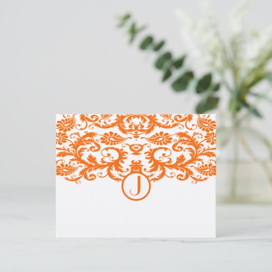 Orange Damask Monogramme Mariage RSVP Cartes (Debout devant)