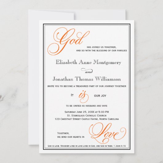 Orange Dieu est Amour Mariage chrétien Invitations (Devant)