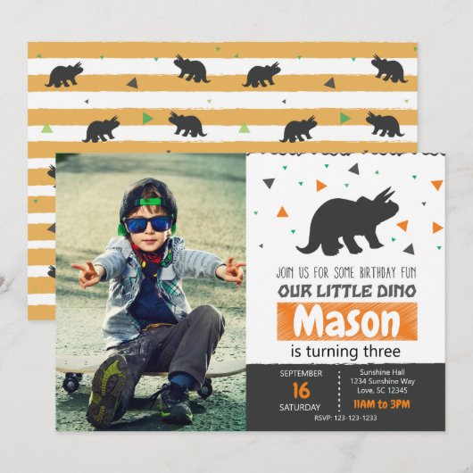Orange Dino Anniversaire Fête Invitation avec phot (Devant / Derrière)