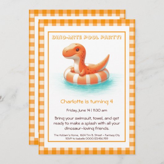 Orange Dino-Mite Anniversaire Piscine Invitation (Devant / Derrière)
