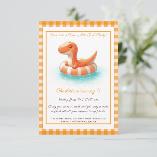 Orange Dino Pool Party - Invitation d'anniversaire (Debout devant)