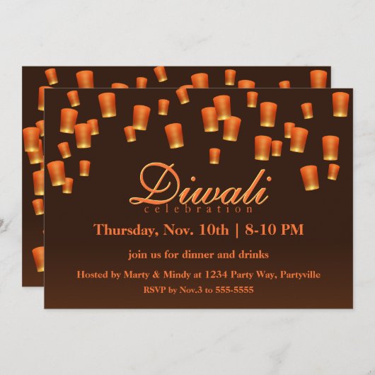Orange Diwali Sky Lanterns Invitation (Devant / Derrière)