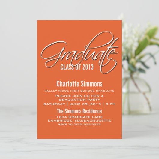 Orange Elegant Script Graduation Invitation (Debout devant)