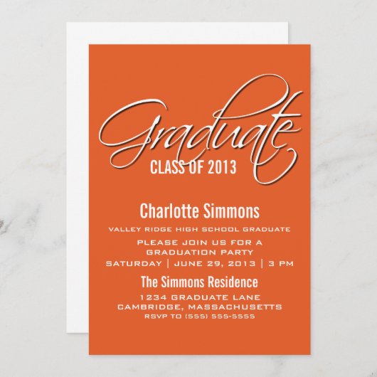 Orange Elegant Script Graduation Invitation (Devant / Derrière)
