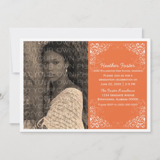 Orange Elegant Swirls Photo Graduation Invitation (Devant)