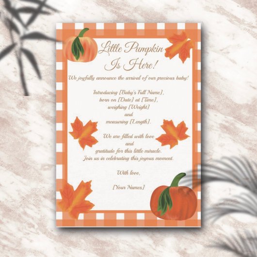 Orange En vichy Faire-part de naissance Citrouille