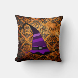 Orange et noir Damask Halloween sorcières Coussin